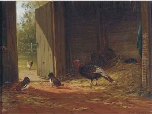 Turkey With Chickens In The Stable by Marinus Adrianus Ii Koekkoek