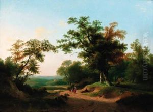An Extensive Wooded Landscape With Travellers Resting On Atrack