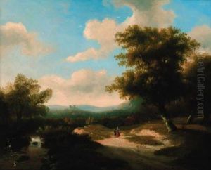 A Wooded River Landscape With Figures Walking Along A Path by Marinus Adrianus Ii Koekkoek
