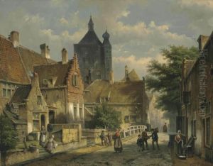 Villagers On A Sunlit Dutch Street by Willem Koekkoek