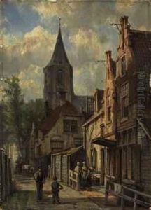 Figures In A Sunlit Dutch Street by Willem Koekkoek