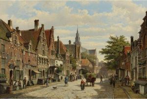 Dutch 
Figures Conversing In The Streets Of A Dutch Town On A Sunnyday, A Hay-cart Passing By