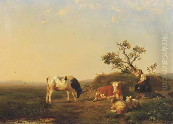 A Peasant Girl And Cattle Resting In A Landscape - view 1