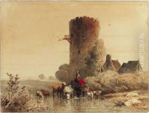 A Shepherdess Watering Her Cattle Near A Ruined Tower by Johan Philip Koelman