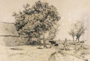 Cattle Resting Near A Farm, Probably Near The Hague by Johan Philip Koelman