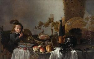Jeune Garcon Posant Un Rohmer Sur Une Table Au Milieu De Pieces D'orfevrerie, De Victuailles Et De Fruits