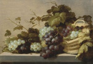 Black And White Grapes, Partly In A Wicker Basket, All On A Stoneledge