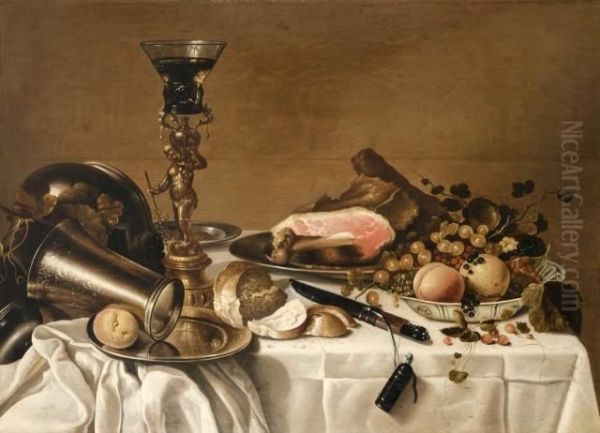 Nature Morte Aux Pieces D'orfevrerie, A La Coupe De Fruits, Au Jambon Et Au Pain Disposes Sur Une Table - view 1