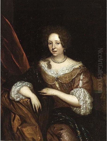 A Portrait Of An Elegant Lady, Seated Three-quarter Length, Wearing A Yellow Dress With A Lace Collar And Sleeves And A Pearl Necklace - view 1