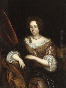 A Portrait Of An Elegant Lady, Seated Three-quarter Length, Wearing A Yellow Dress With A Lace Collar And Sleeves And A Pearl Necklace