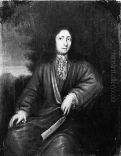 Portrait Of A Gentleman, Seated Small Three Quarter Length, Wearinga Light Brown Coat With Lace Chemise And Wig, A Landscapebeyond - view 1