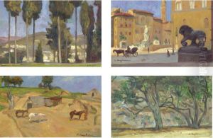 Cypress Trees, Italian Street Scene, Farm Scene, Trees: A Set Of Four Paintings by Lykourgos Lic Kogevinas /