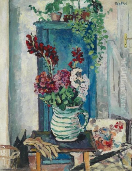 Jug Withflowers Standing Before A Blue Cupboard - view 1