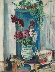 Jug Withflowers Standing Before A Blue Cupboard by Robert Kohl