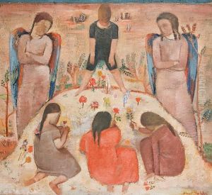 Three Girls And A Boy Picking Flowers by Albert Stefan Kohler