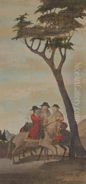 Three Europeans On Horseback In Landscape - view 1