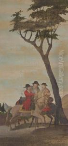 Three Europeans On Horseback In Landscape by Shiba Kokan