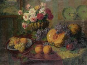Stilleven Met Bloemen, Druiven En Meloen by Henri Kokken