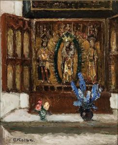 Still Life Of A Carved Marian Altar Triptych With Flower Still Life Of A Carved Marian Altar Triptych With Flower