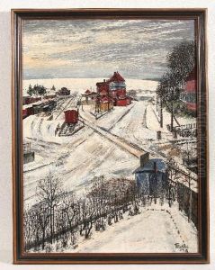 Edmund (clausthal/zellerfeld, Malerdes 20.jh., Malte Haufig Motive Aus Dem Harz) "tauwetter", Blickauf Verschneiten Guterbahnhof, Ol Auf Leinwand, 80 X 60, Versobezeichnet Und Betitelt, R. by G. Kolbe