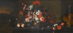 Roses, Tulips, Snowballs And Other Flowers In A Bronze Urn With Peaches, A Squirrel And A Parrot On A Table-top, A View To A Park Landscape Beyond by Heinrich Christoph Kolbe