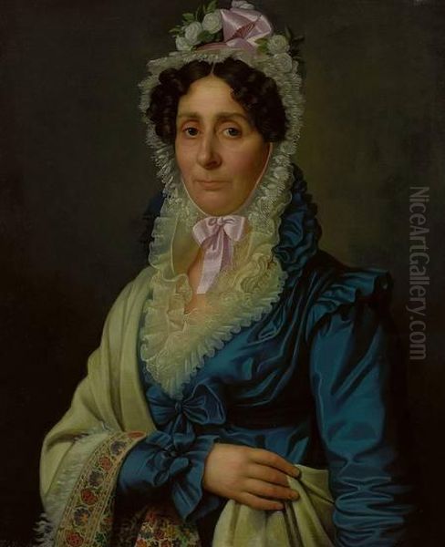 Portrait Einer Dame Mitweiser Spitzenhaube, Blauem Taftkleid Und Beigem Umhang - view 1