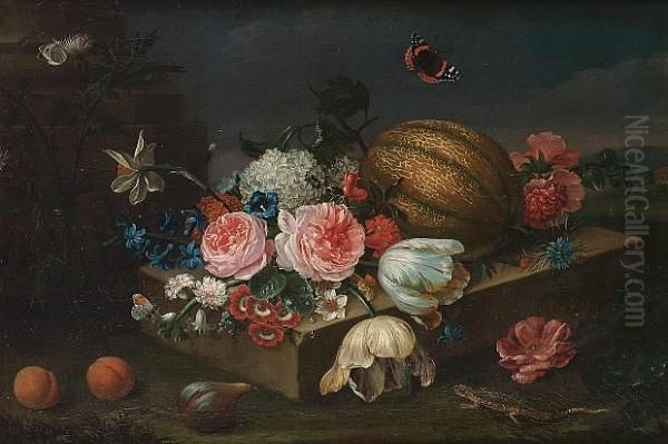 Roses, Carnations, Narcissi, Convolvulus, Tulip And Other Flowers With A Melon On A Stone Ledge With A Fig And Two Peaches, A Lizard And Butterflies - view 1