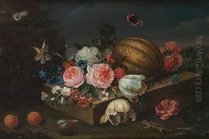 Roses, Carnations, Narcissi, Convolvulus, Tulip And Other Flowers With A Melon On A Stone Ledge With A Fig And Two Peaches, A Lizard And Butterflies by Heinrich Christoph Kolbe