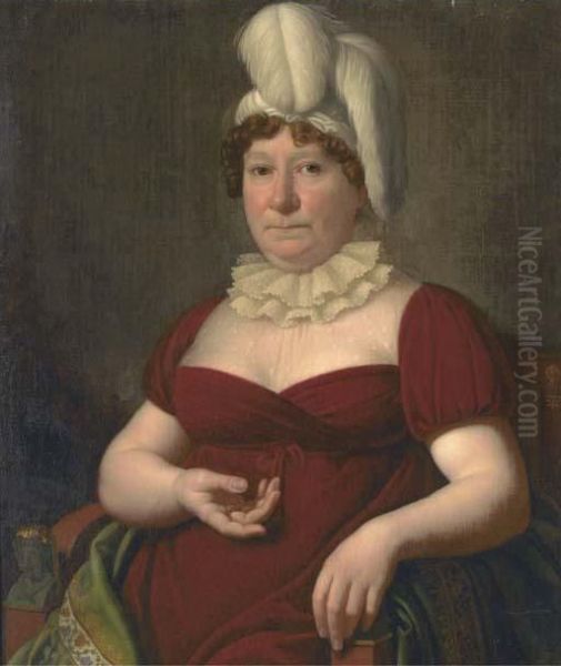 Portrait Of A Lady, Half-length, Seated, In A Burgundy Dress With Lace Collar, Wearing A Hat With Feathers - view 1