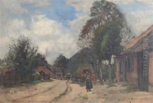 Village Scene With An Old Women Walking In The Snow by Bernard Morils Koldeway