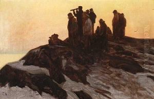 Fiskere Pa Utkikk Olje Pa Lerret by Fredrik Kolsto