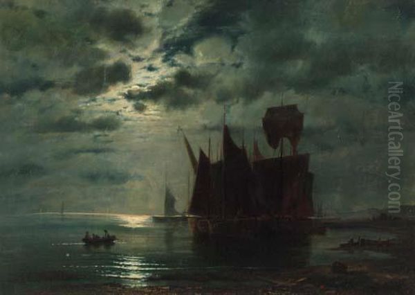 Fishing Boats In A Harbour By Moonlight - view 1