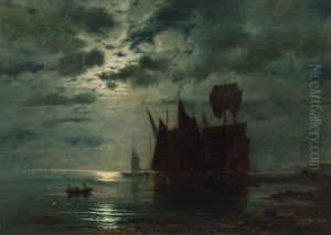 Fishing Boats In A Harbour By Moonlight by Ferdinand Konig