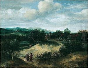 An Open Landscape With Huntsmen On A Track Before A Village by Jacob I Koninck