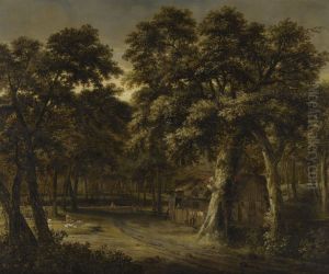 A Woodland Scene With A Cottage And Figures by Philips Koninck