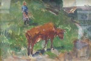 Hutemagd Mit Weidender Kuh by Arnold Hendrik Koning