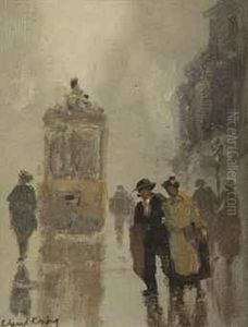 A Street Scene With A Tram by Edzard Willem Koning