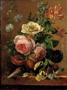 An Exuberant Flower Still Life On A Marble Ledge by Elisabeth Johanna Koning