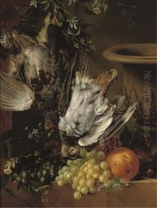 Game, Fruit And Flowers On A Ledge by Elisabeth Johanna Koning