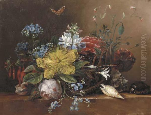 Flowers In A Basket With Shells On A Ledge - view 1
