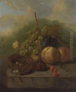 Stillleben Mit Himbeeren, Pfirsichen, Pflaumen, Trauben Und Nest