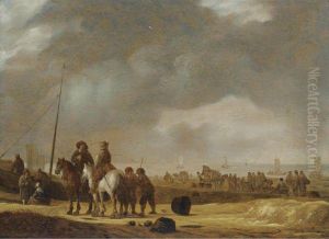 Beach Scene With Two Horsemen Conversing, Fisherfolk Unloading Carts, Sailing Vessels Beyond by Willem Gillisz. Kool