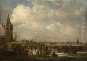Figures On A Frozen River Near A Church by Willem Gillisz. Kool