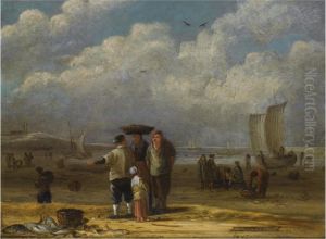 Fishermen And Women Conversing On The Beach, Other Fishermenunloading Their Catch In The Background