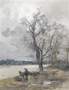 Aulandschaft An Der Donau Bei Grauem Himmel by Franz Kopallik