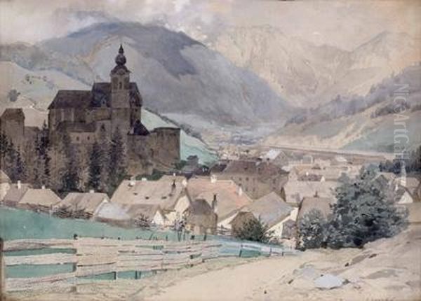 Dorf Mit Burg In Alpenlandschaft - view 1