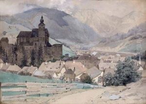 Dorf Mit Burg In Alpenlandschaft by Franz Kopallik
