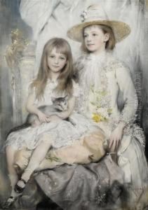 Portrait Of A Pair Of Young Girls by Joszi Arpad, Jan Koppay