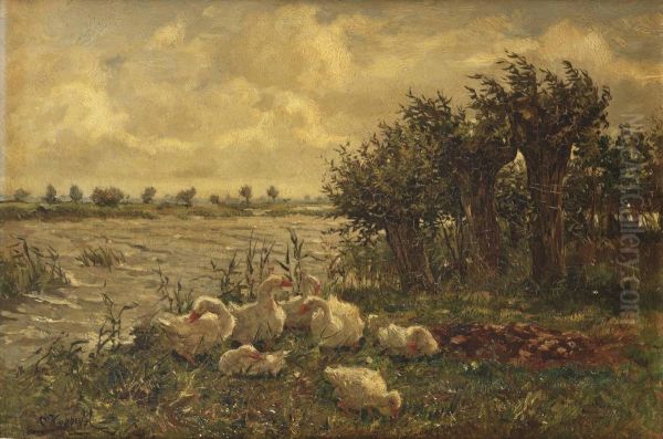 A Wooded River Landscape With Geese - view 1