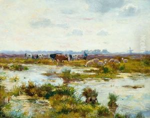 Farmer With Sheep And Cows In A Widelandscape by Cornelis Koppenol
